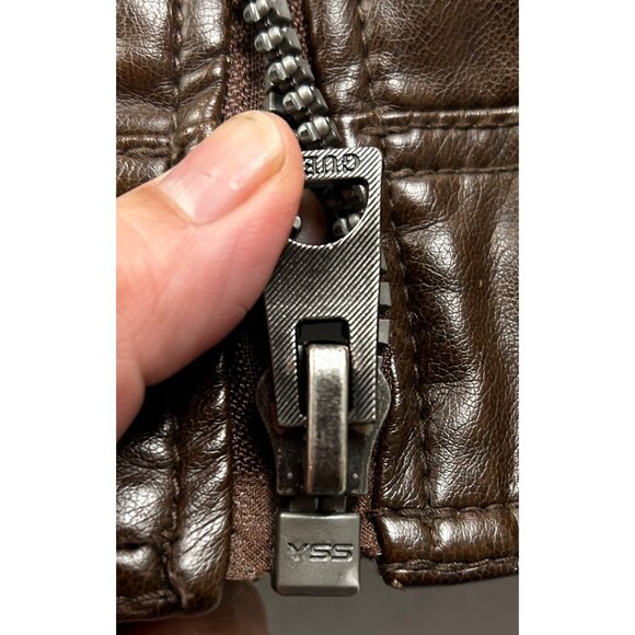 Guess Moto Hoodie Jacket Mens Large Faux Leather Brown Hooded Removable Insert - Picture 12 of 14